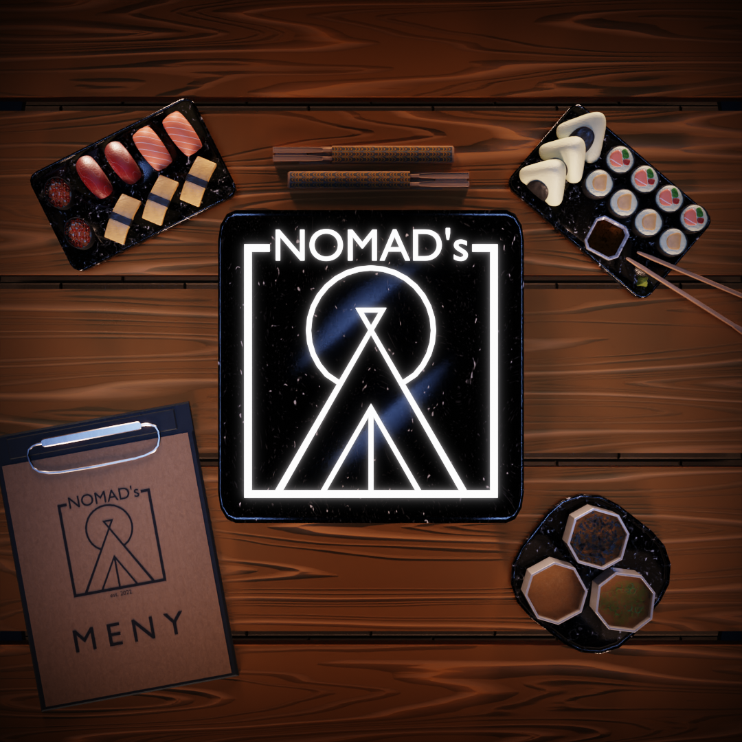 A table full of sushi and sushi related stuff, fanart for my favorite Sushi place in Gävle. Everything was made by me except the sushi models, which was made for me by my girlfriend.